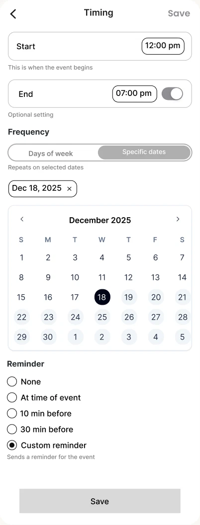 Low-fidelity wireframe, Tasks 6.9 custom reminder: add task form with a custom reminder selected