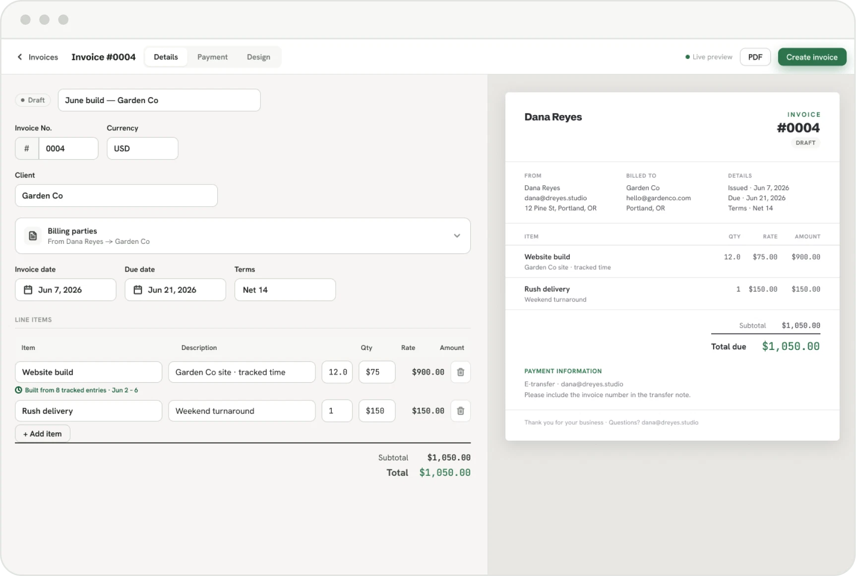 Invoice editor with line items on the left and the rendered invoice preview on the right