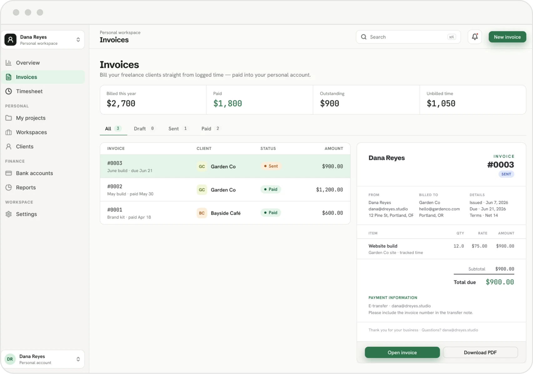 Invoices list with billed, paid and outstanding totals and an invoice preview