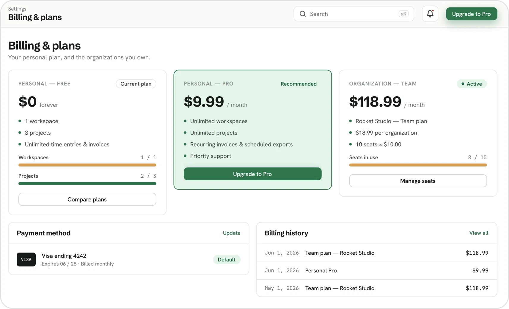 Billing and plans: Personal Free, Personal Pro and Organization Team plans with payment method and billing history
