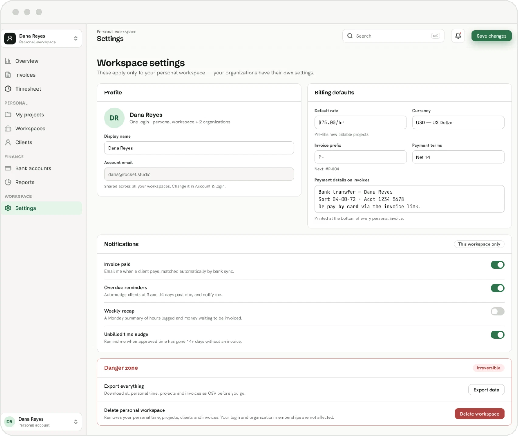 Workspace settings: profile, billing defaults, notification toggles and the danger zone