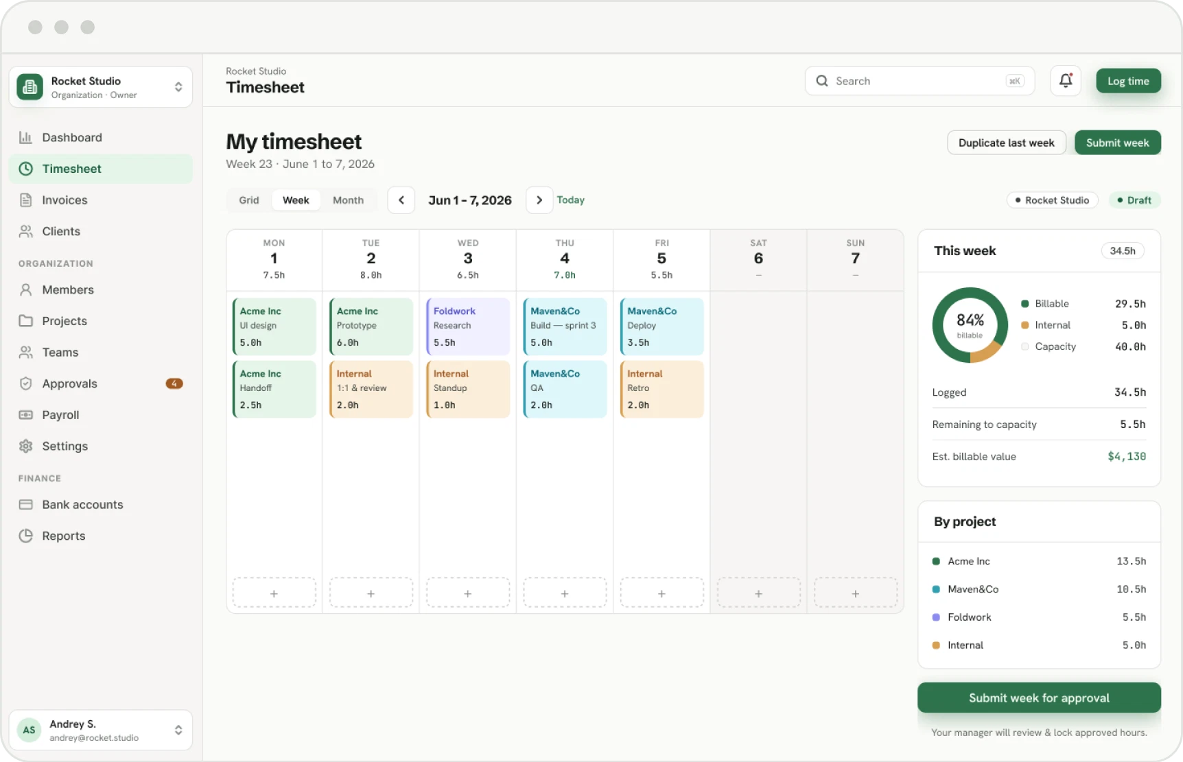Timesheet week view with colour-coded entries per day and the weekly billable summary