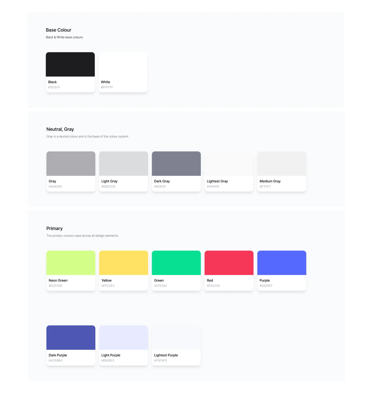Colour palette: base black and white, neutral greys, and primary swatches in neon green, yellow, green, red and purple with dark, light and lightest purple tints