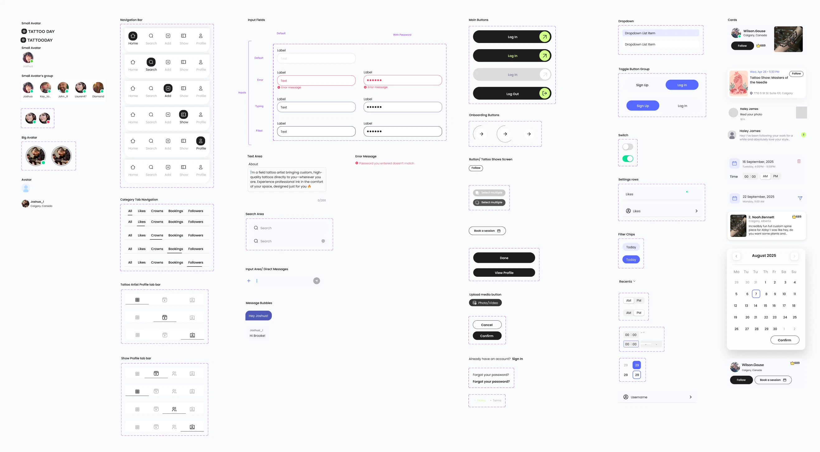Component sheet: avatars, navigation bars, input fields, buttons, dropdowns, cards, toggles, chips, checkboxes, radio buttons, message bubbles and a calendar