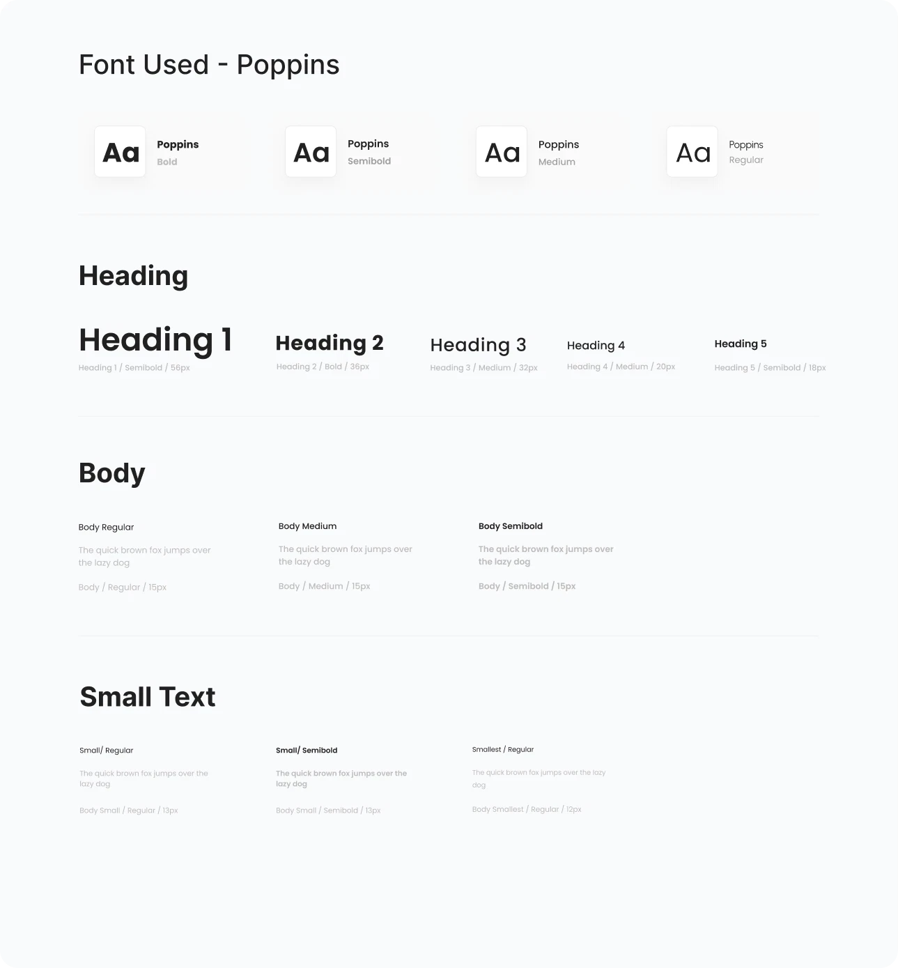 Typography sheet: font used Poppins in Bold, SemiBold, Medium and Regular, with heading, body and small text scales