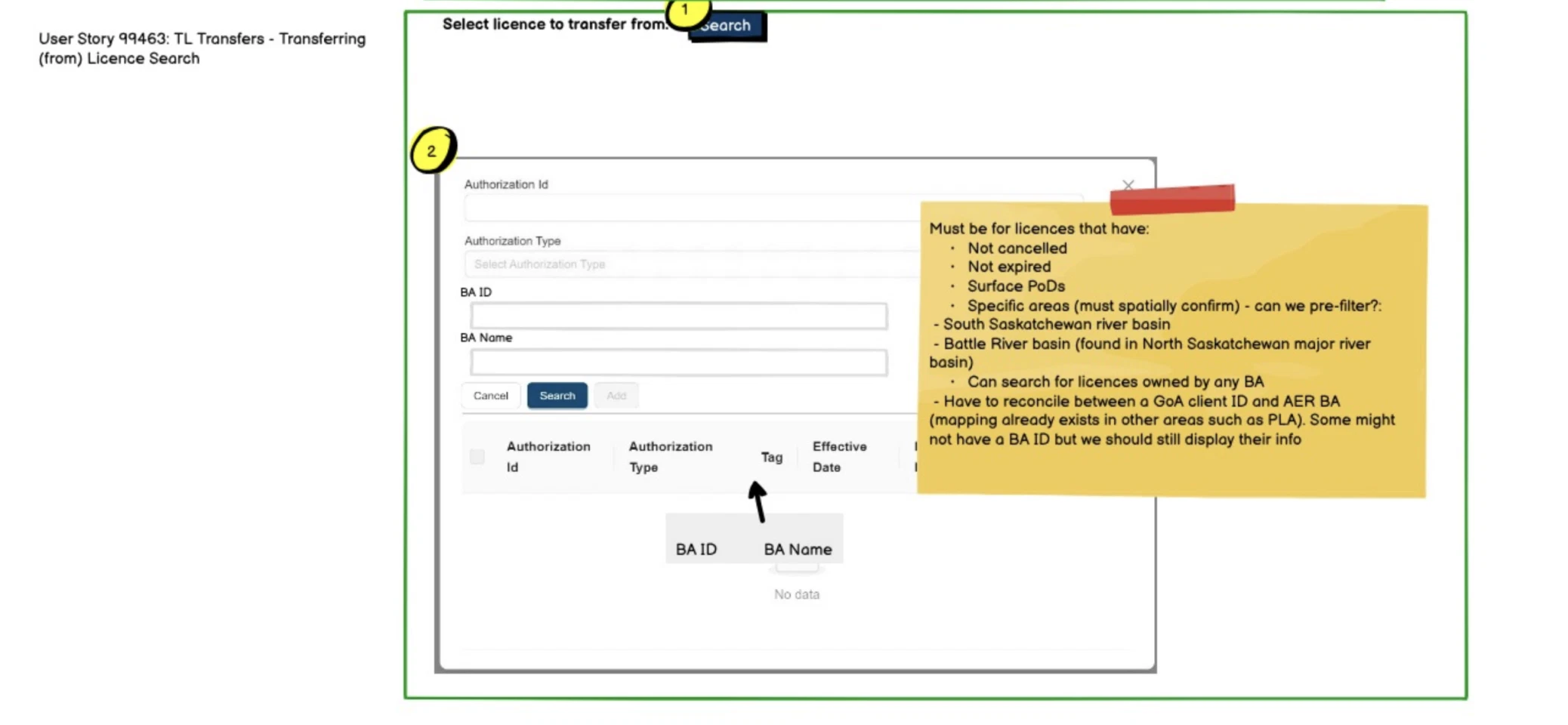 Wireframe: licence search for the transferring-from side with a business-rules note