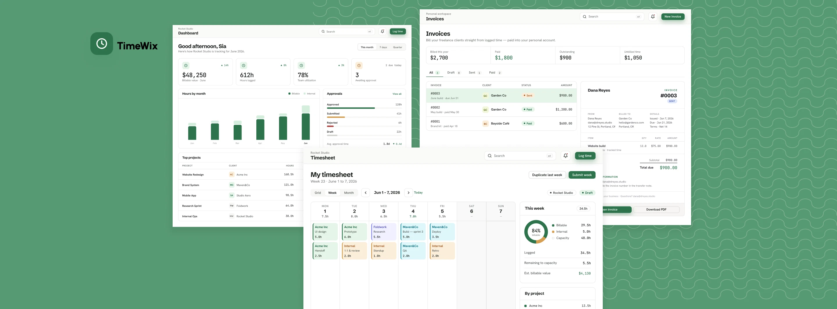 TimeWix dashboard, invoices and timesheet screens layered over a green wave pattern, with the TimeWix clock mark