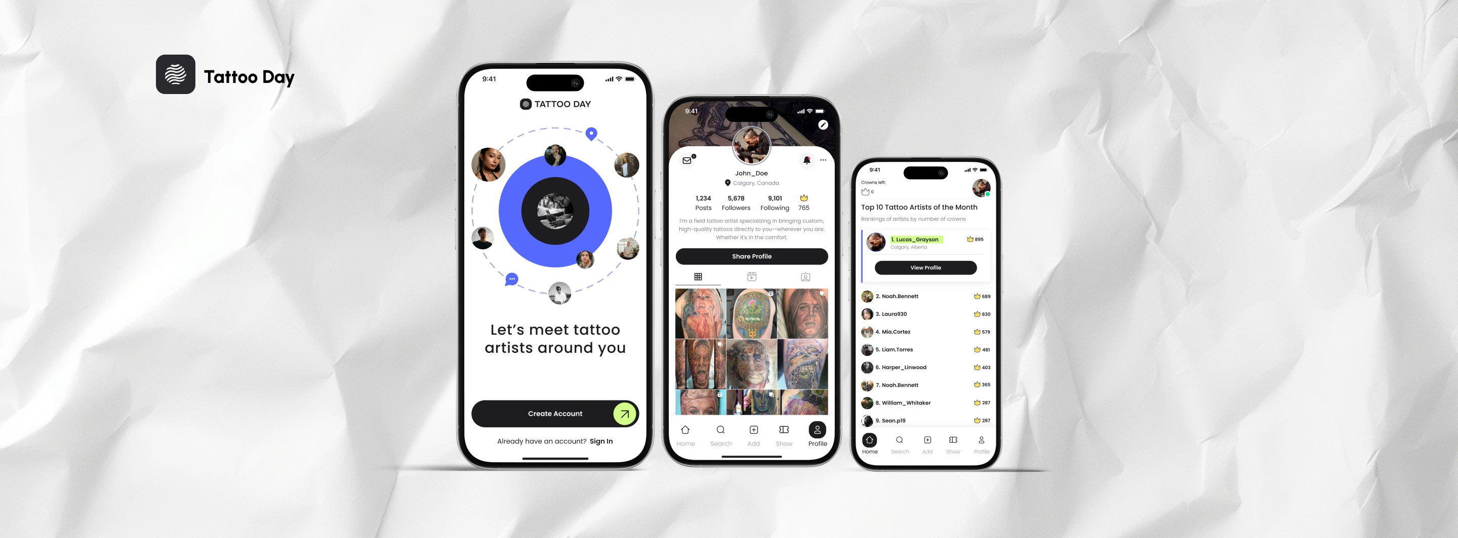 Three phones showing the Tattoo Day app: the Let’s meet tattoo artists onboarding screen, an artist profile and the Top 10 Tattoo Artists ranking, over crumpled grey paper