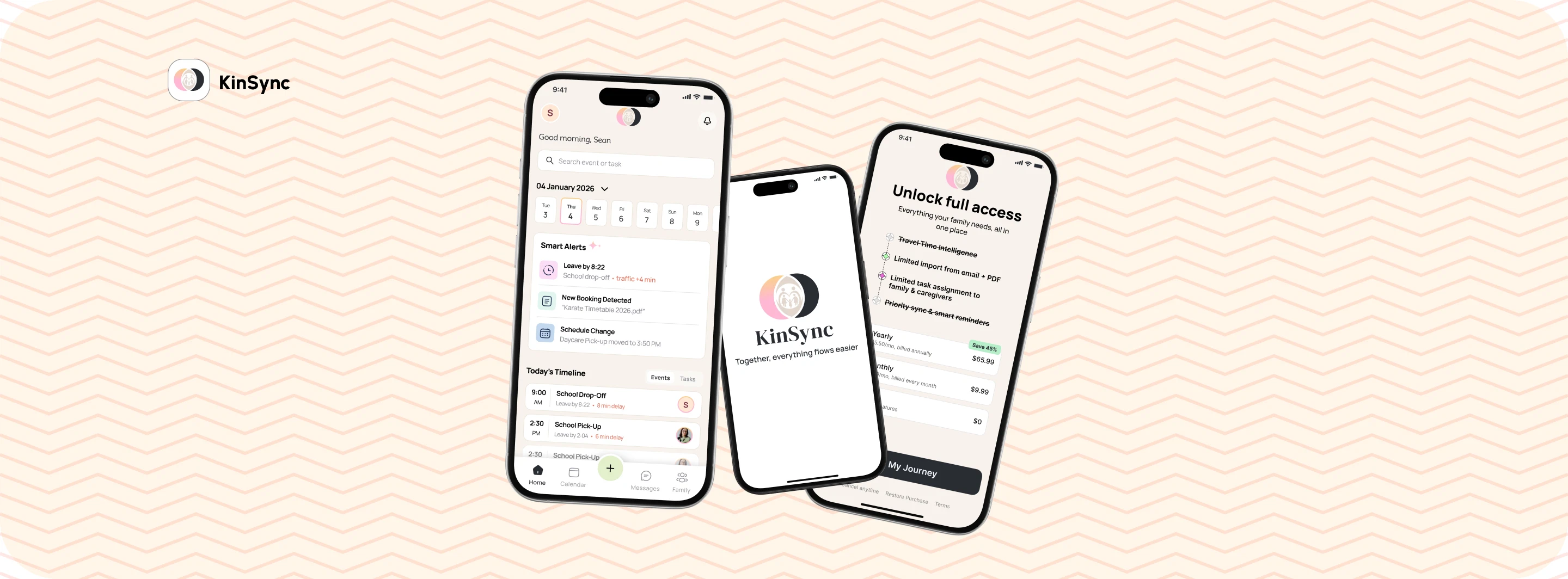 Three phones showing the KinSync app: home timeline, splash screen and the paywall, over a chevron pattern