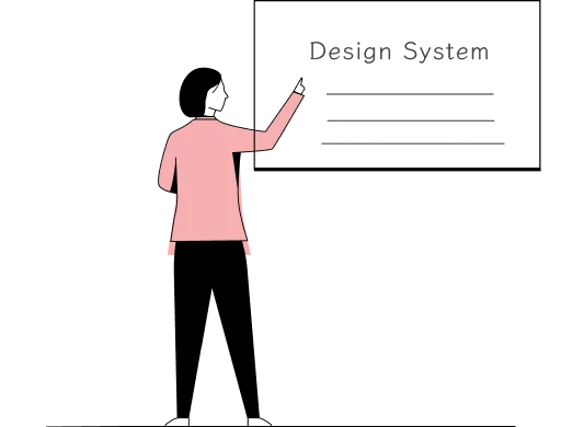 Line illustration of a designer pointing at a whiteboard titled “Design System”
