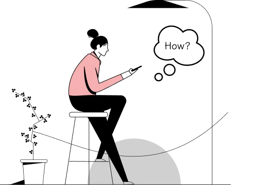 Line illustration of a parent sitting on a stool, phone in hand, with a thought bubble that reads “How?”
